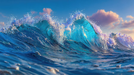 A vibrant image showcases a large ocean wave in motion, rendered with varying shades of blue and white. The water's texture appears foamy and energetic, lit by sunlight filtering from a bright sky. The composition suggests a marine environment, potentially suitable for commercial designs and illustrative projects.の素材