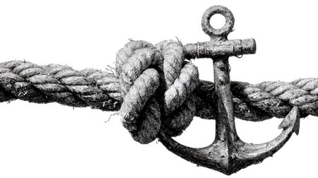 An image features a grayscale illustration of an anchor firmly tied with a thick, textured rope. The composition is a close-up, with the anchor positioned centrally, set against a clean white background. This graphic may be suitable for various commercial applications, including design projects or visual elements.の素材