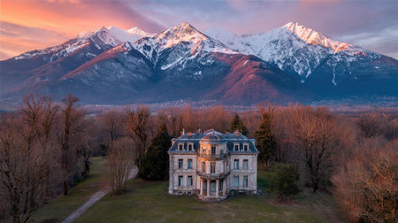An aerial view showcases a grand mansion nestled amidst a landscape of trees, with towering mountains in the background. The composition is enhanced by the soft hues of a sunset, and the image uses light and shadow to define the textures. Suitable for use in editorial content and architectural design projects.の素材