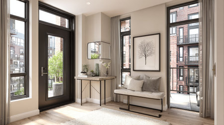 This image showcases an elegant entryway, bathed in natural light filtering through large windows. The scene features modern furniture, including a console table and a bench, complemented by decorative elements like a framed artwork. The composition highlights a blend of contemporary style and inviting atmosphere, suitable for various commercial applications.の素材