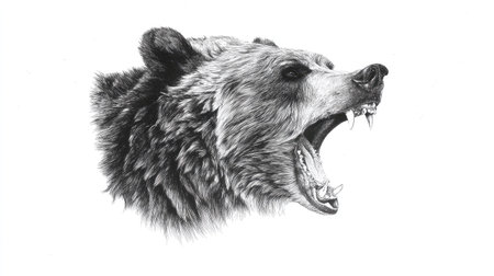 A detailed black and white illustration features the head of a grizzly bear with its mouth wide open. The image uses shading to create a sense of depth and texture. The monochrome style may lend itself to various design projects. This depiction could be used for editorial content or commercial design.の素材