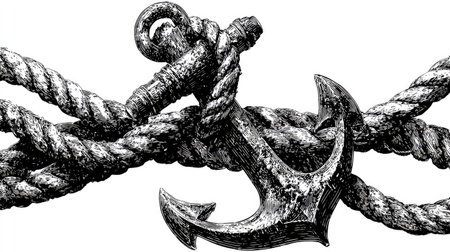 This detailed monochrome image showcases an anchor intertwined with thick nautical rope, set against a clean white backdrop. The illustration features a close-up view emphasizing the textures and forms of the metal anchor and the coiled rope. The image may be suitable for use in graphic design projects, editorial layouts, or commercial applications.の素材