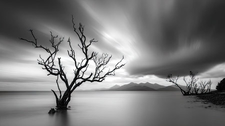 A grayscale landscape depicts a solitary tree with leafless branches rising from calm water. Overcast skies and blurred clouds dominate the scene, creating a sense of tranquility. The composition emphasizes the tree's silhouette against the soft background. Suitable for various creative and illustrative purposes.の素材
