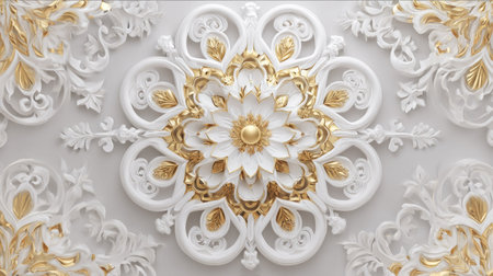 A detailed close-up reveals a repeating ornate design in white and gold. The artwork features a central floral element, surrounded by symmetrical patterns. The color palette consists of white, cream, and gold tones, creating a sense of luxury. This design could be used in various commercial applications.の素材