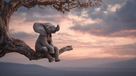 An elephant child is depicted seated on a tree branch, its form rendered with a soft, textured appearance. The color palette includes muted grays and pinks against a backdrop of a sunset. The composition features a low angle, offering potential use for editorial or illustrative purposes.の素材