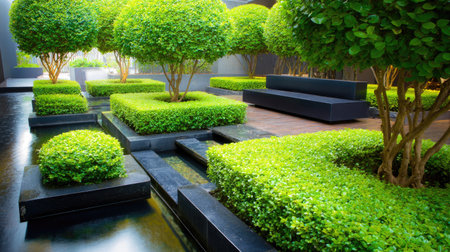 A well-maintained outdoor garden showcases geometric hedges and evenly spaced trees. The vibrant green foliage contrasts with the dark, modern furniture. Natural light creates a balanced composition with a clean aesthetic. This image is suitable for various uses, including architectural and landscaping promotions.の素材