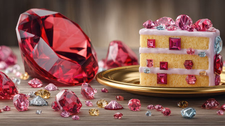 A square cake is adorned with glistening red and pink gems, displayed alongside a larger, faceted gemstone. The scene is illuminated with warm lighting, creating a sense of luxury. These images could be used for presentations of luxury, desserts, or jewelry and for general commercial purposes.の素材