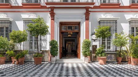 The image showcases an architectural facade featuring an arched doorway, adorned with potted plants. The composition highlights the building's symmetry and detailed design, with a focus on the entrance. The scene presents a bright, daytime setting, possibly a commercial or residential property suitable for various visual projects.の素材
