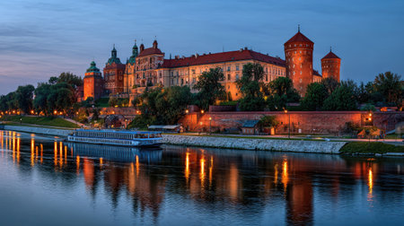 A large building with multiple towers is seen beside a river under a twilight sky. The scene showcases warm lighting from windows and reflected in the water. This architecture features an intricate design, suitable for architectural or travel projects. The overall composition suggests a peaceful environment.の素材