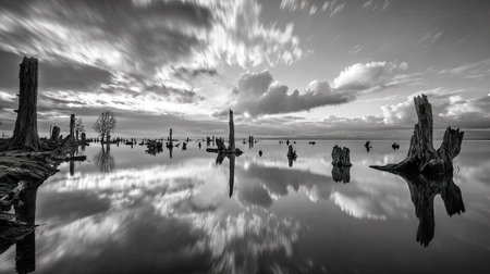 This monochrome image depicts a serene landscape with water reflecting the sky and clouds. Weathered tree stumps are scattered across the water, adding a sense of age and history. The composition showcases a wide expanse of sky with dramatic cloud formations. Suitable for various editorial and commercial applications.の素材