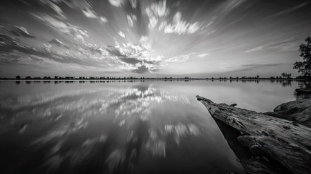A black and white landscape captures a serene body of water reflecting the sky. The long exposure creates streaks in the clouds above, mirroring the calm water below. The composition highlights the natural beauty of the environment, suggesting a tranquil setting. This image is suitable for various editorial or commercial purposes.の素材