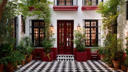 An inviting courtyard features a checkered floor leading to a dark wooden entrance door. The facade showcases a white wall with red accents and black framed windows. Potted plants and climbing greenery surround the entry. Suitable for architectural, design, or lifestyle editorial uses.の素材