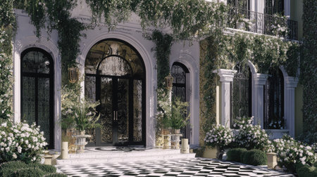 A luxurious building exterior is presented, showcasing a grand arched entrance. The structure features a checkered floor, complemented by climbing greenery. The composition is classic with a focus on symmetry and ornate design. Ideal for architectural, travel, or lifestyle-related content.の素材