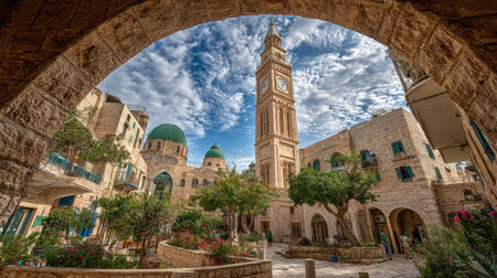 An outdoor architectural composition features a prominent clock tower framed by arches and buildings. The image showcases textured stone and warm colors under a dynamic sky. Its wide angle perspective suggests a public space with potential uses in travel, history, or cultural projects, enhancing visual storytelling.の素材