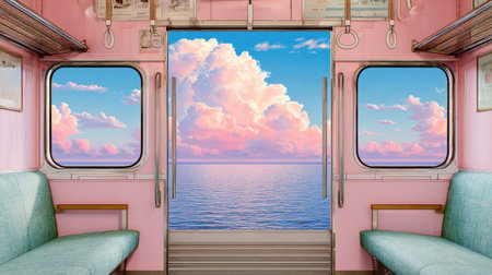 An interior train carriage is seen with an open doorway revealing a serene ocean view. Soft pink hues dominate the space, including the walls and details. Through the doorway, a vibrant sky filled with fluffy clouds is visible, merging the interior with the open environment. This image could be used for various creative and design purposes.の素材