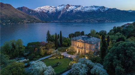 A grand villa is nestled among lush greenery beside a tranquil lake. The scene is set against the backdrop of majestic, snow-capped mountains under a clear, blue sky. The composition employs a natural lighting, suitable for editorial or commercial use. The architecture, landscape, and overall aesthetic suggest a luxurious setting.の素材