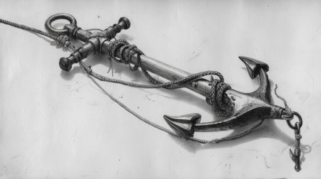 This grayscale illustration showcases a detailed rendering of an anchor, complete with rope and rigging. The image features precise line work, creating a textured appearance. The lighting suggests a natural, possibly overcast, setting. It is suitable for use in various design projects and could be adapted for editorial or commercial purposes.の素材