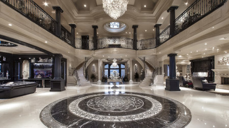 An expansive interior showcases a grand hallway with a dual staircase, ornate marble flooring, and a large chandelier. The scene features black and white color palettes, with architectural details that create symmetry. Suitable for luxurious and design-focused projects, this image may be used in editorial and commercial applications.の素材