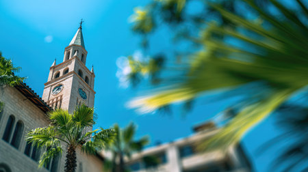 An image showcases a classic building featuring a prominent clock tower, surrounded by palm trees. The architectural structure is captured under a bright blue sky, suggesting a sunny day. The composition employs a shallow depth of field, and natural lighting. This image may be used for various commercial applications or editorial content.の素材