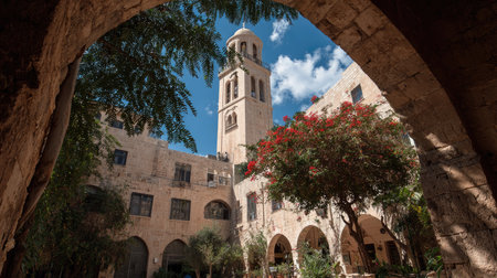An architectural exterior showcases a tall bell tower amidst beige buildings and arched walkways. The image presents a bright, sunny day with sunlight and shadows illuminating the scene. It could be suitable for illustrating historical sites, travel destinations, or educational materials for various uses.の素材