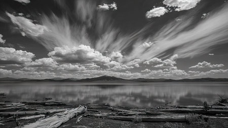 A grayscale landscape depicts a body of water beneath a dynamic sky filled with streaking clouds. The composition showcases mirrored reflections, creating a serene atmosphere. The image, with its textures and contrast, may be suitable for various commercial and editorial applications.の素材
