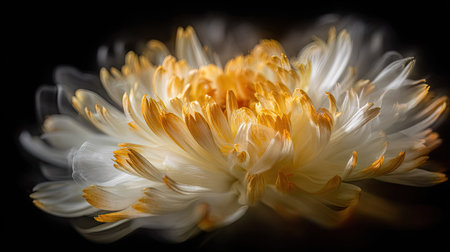 An exquisite chrysanthemum bloom is presented with a focus on its layered petals. The flower displays a mix of white and golden hues, contrasted against a dark backdrop. The composition suggests a studio setting, highlighting the delicate textures. Suitable for various commercial and editorial projects.の素材