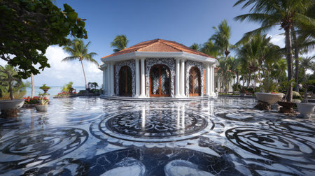 A luxurious structure stands amidst a tropical environment, reflecting in a patterned pool. The composition showcases a daytime setting, with natural sunlight illuminating the scene. It is well-suited for travel promotions, architectural features, or high-end lifestyle visuals and editorial use.の素材
