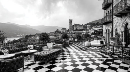 An expansive outdoor terrace with a black and white checkered floor showcases a sophisticated seating arrangement. The monochrome image features sofas, chairs, and tables set against a backdrop of rolling hills and a distant town. This visually appealing setting might be suitable for architectural, design, or lifestyle content.の素材