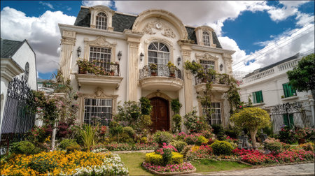 A large, luxurious building featuring ornate architectural details is presented against a backdrop of a brilliant blue sky. The building's facade has beige walls, with many windows and decorative balconies. The vibrant garden with colorful flowers adds visual interest. This image could be used for real estate, design, or lifestyle themes.の素材