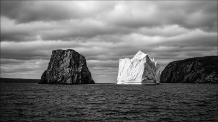 A black and white photograph displays icebergs floating in the sea beneath a dramatic, overcast sky. The image features high contrast, with textured ice formations and dark water. The overall style suggests a stark, natural environment, suitable for editorial or artistic use. The scene evokes themes of exploration and climate.の素材