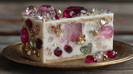 A decorative slice of dessert is presented on a golden plate. The dessert is composed of multiple layers and includes colorful simulated gemstones. The image highlights a close-up composition with soft lighting. Suitable for use in culinary, food-related, and design projects.の素材