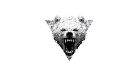This graphic depicts a bear's head enclosed in a triangle. It is a black and white illustration with detailed fur and sharp teeth. The artwork uses strong contrast and appears isolated against a plain white background. This design could be used for various commercial projects or editorial purposes.の素材