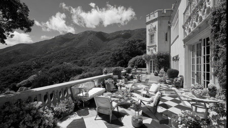 This black and white image presents an outdoor patio scene. The composition features a terrace with seating arrangements overlooking a mountain range. The photograph captures light and shadow, offering a sense of depth, with potential uses in design, lifestyle, and travel-related projects. The setting is day time.の素材