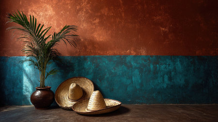 Two straw sombreros rest against a textured wall, accompanied by a potted tropical plant. The scene features a warm color palette with copper and teal hues. The composition utilizes natural lighting, creating depth and shadows. Suitable for a variety of commercial projects including advertising and design.の素材