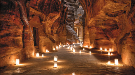 A narrow pathway, illuminated by candles, winds through a towering sandstone canyon. The warm light contrasts with the cool shadows, highlighting the texture and form of the weathered rock. The image showcases a natural environment, evoking a sense of mystery and tranquility, and is suitable for various commercial and editorial applications.の素材