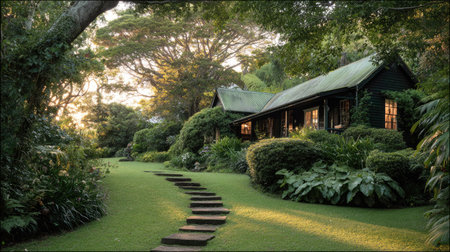 A stone path curves through a vibrant green lawn towards a house nestled amidst abundant trees and shrubs. Warm sunlight filters through the foliage, illuminating the scene. The image showcases a tranquil exterior, with a focus on natural elements. Suitable for illustrating concepts of privacy or natural living.の素材