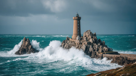 A lighthouse stands on a rocky island, its stone structure contrasting with the churning turquoise sea. The image features a cloudy sky, with waves crashing against the rocks. This photograph could be used in commercial projects or editorial content, showcasing maritime themes and coastal environments.の素材