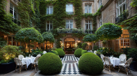 A verdant courtyard showcases a formal garden design. The composition features trimmed shrubbery, tables with white tablecloths, and climbing vines adorning a building facade. Natural light illuminates the setting. The image is suitable for various uses, including commercial projects and editorial content.の素材