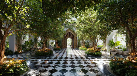 A serene outdoor scene displays symmetrical trees framing a checkered pathway. Sunlight filters through the leaves, highlighting the foliage and pathway details. The architectural entrance at the end of the pathway suggests a formal garden setting, potentially suitable for editorial or commercial purposes. The composition invites the viewer toward the vanishing point.の素材