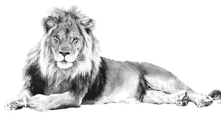 A detailed monochrome illustration presents a large lion at rest, positioned against a clean white backdrop. The image showcases the animal's fur and features, creating a high-contrast visual effect. This image is suitable for diverse applications including graphic design and various commercial projects.の素材