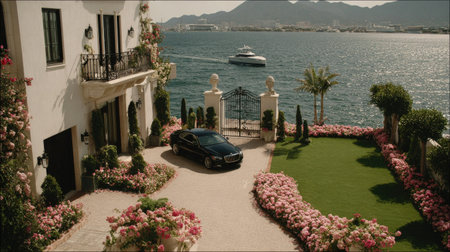 The image showcases a luxurious estate with a car parked in the driveway. The scene is illuminated by sunlight, revealing a view of the sea. A yacht sails across the water. The composition evokes a sense of wealth and leisure, offering potential for commercial and lifestyle applications.の素材