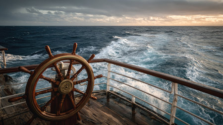 A wooden ship's wheel sits prominently on the deck of a vessel, set against a vast expanse of ocean. The image captures the movement of the water and the sky above, with muted tones and soft lighting. Suitable for travel themes, maritime projects, or illustrating navigation concepts.の素材