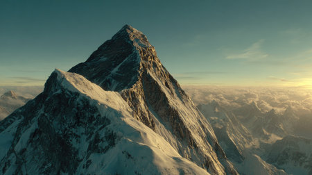 An aerial view showcases a towering mountain summit against a backdrop of clouds. The rocky terrain displays texture and depth, enhanced by sunlight. The scene evokes a sense of vastness and adventure suitable for various commercial applications, including travel or environmental themes.の素材