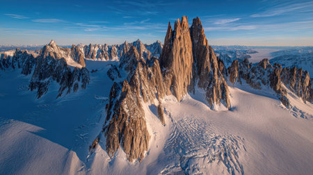 The image presents a stunning mountain range covered in snow, illuminated by sunlight. Sharp, rocky peaks contrast with the smooth, white snow. The composition, captured from an elevated perspective, highlights textures and the clear atmosphere. This photograph would be suitable for various commercial projects.の素材