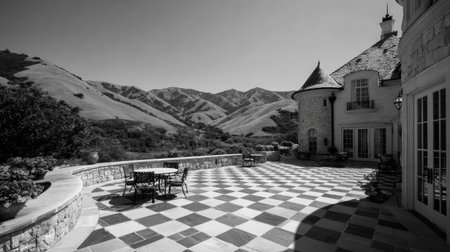 A black and white photograph shows an outdoor patio with a checkered tile floor. A low wall and a table with chairs are in the foreground. A building with a tower is on the right side, and a mountain range forms the backdrop. This image could be used for various commercial and editorial purposes.の素材