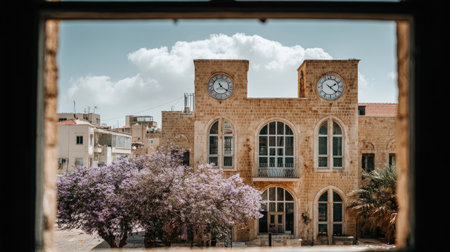 The image presents a detailed view of an old brick building featuring a clock tower, arched windows, and a lush, blooming tree in the foreground. The composition captures the building framed by a window, with a clear sky and clouds above. This setting suggests a warm day, offering potential for commercial applications.の素材