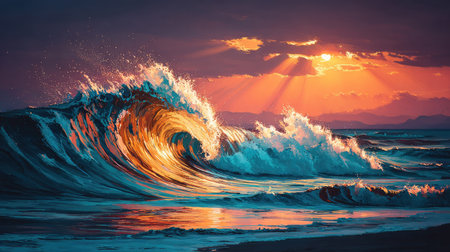 A powerful ocean wave crests, illuminated by vibrant golden sunlight breaking through the clouds. The composition showcases the dynamic movement of water with turquoise and white colors. This visually striking image could be used in advertising, educational materials, or artistic designs.の素材
