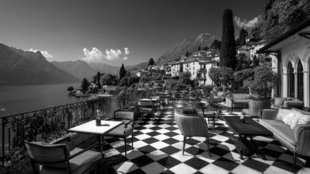 A monochrome image showcases an outdoor terrace with a checkered floor, tables, and seating. The scene overlooks a serene lake and mountain range under soft lighting. The composition suggests a luxurious setting, suitable for lifestyle, travel, or editorial applications. The imageの素材
