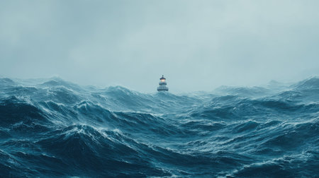 A lone lighthouse stands in the distance, surrounded by turbulent ocean waves under a cloudy sky. The image features shades of blue and white, with textured water and a muted color palette. The composition evokes a sense of drama. Suitable for editorial content or commercial use.の素材