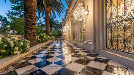 A long pathway with a checkerboard floor leads towards a grand mansion. The scene features a blend of sunlight and twilight.  The composition includes ornate windows, decorative lighting, and architectural details. This image may be suitable for architectural, real estate, or lifestyle commercial applications.の素材